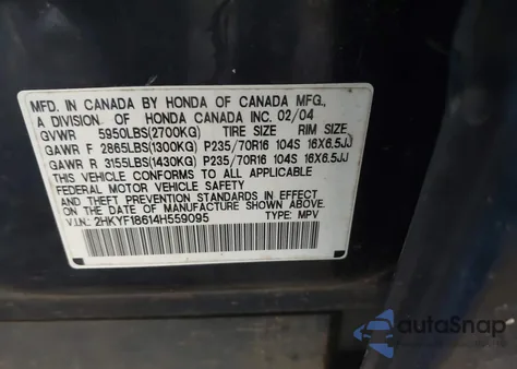 2004 Honda Pilot Ex-L from USA, damaged, VIN 2HKYF18614H559095